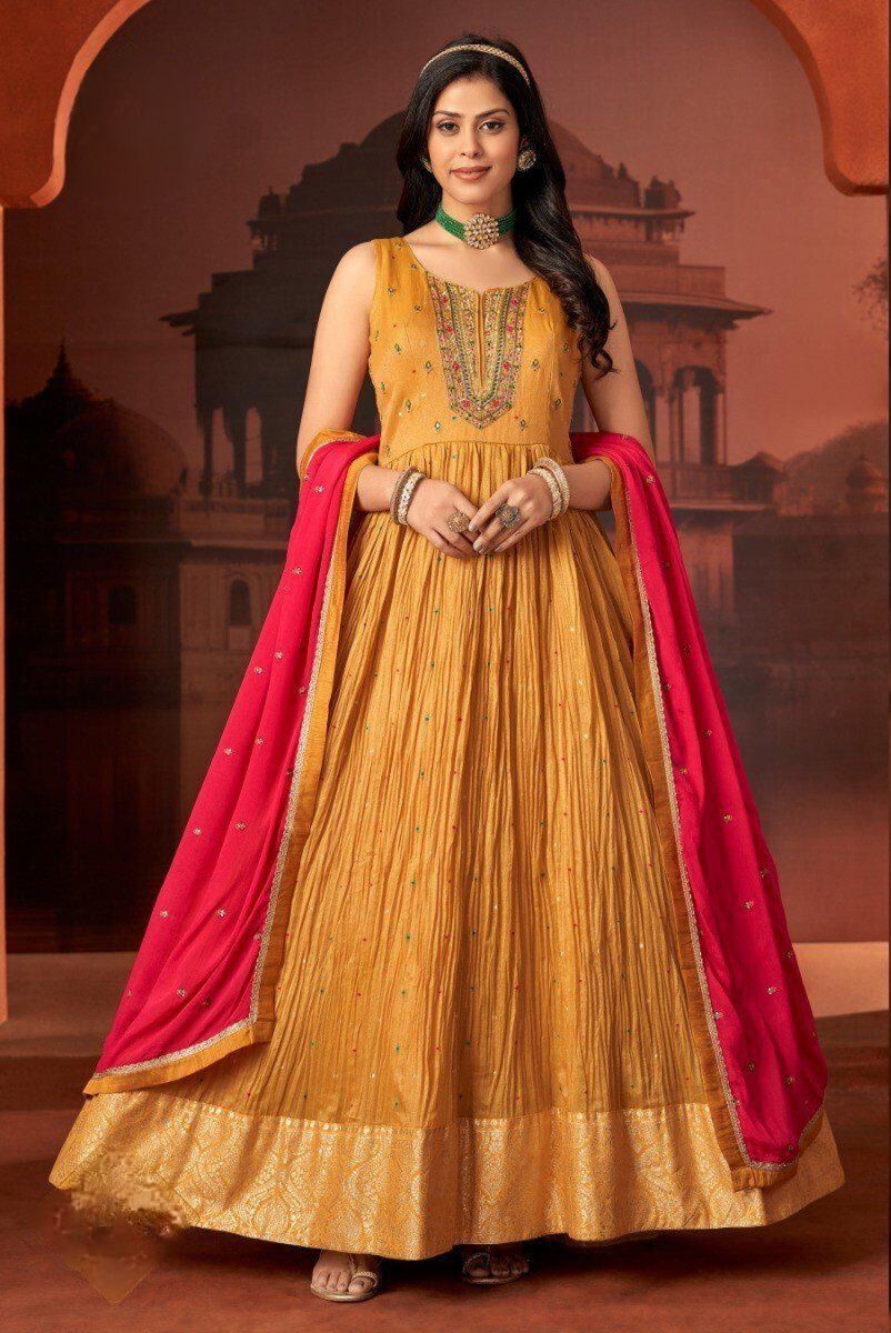 Shree Shanti Selection - Mustard Yellow Embroidered Gown for Women