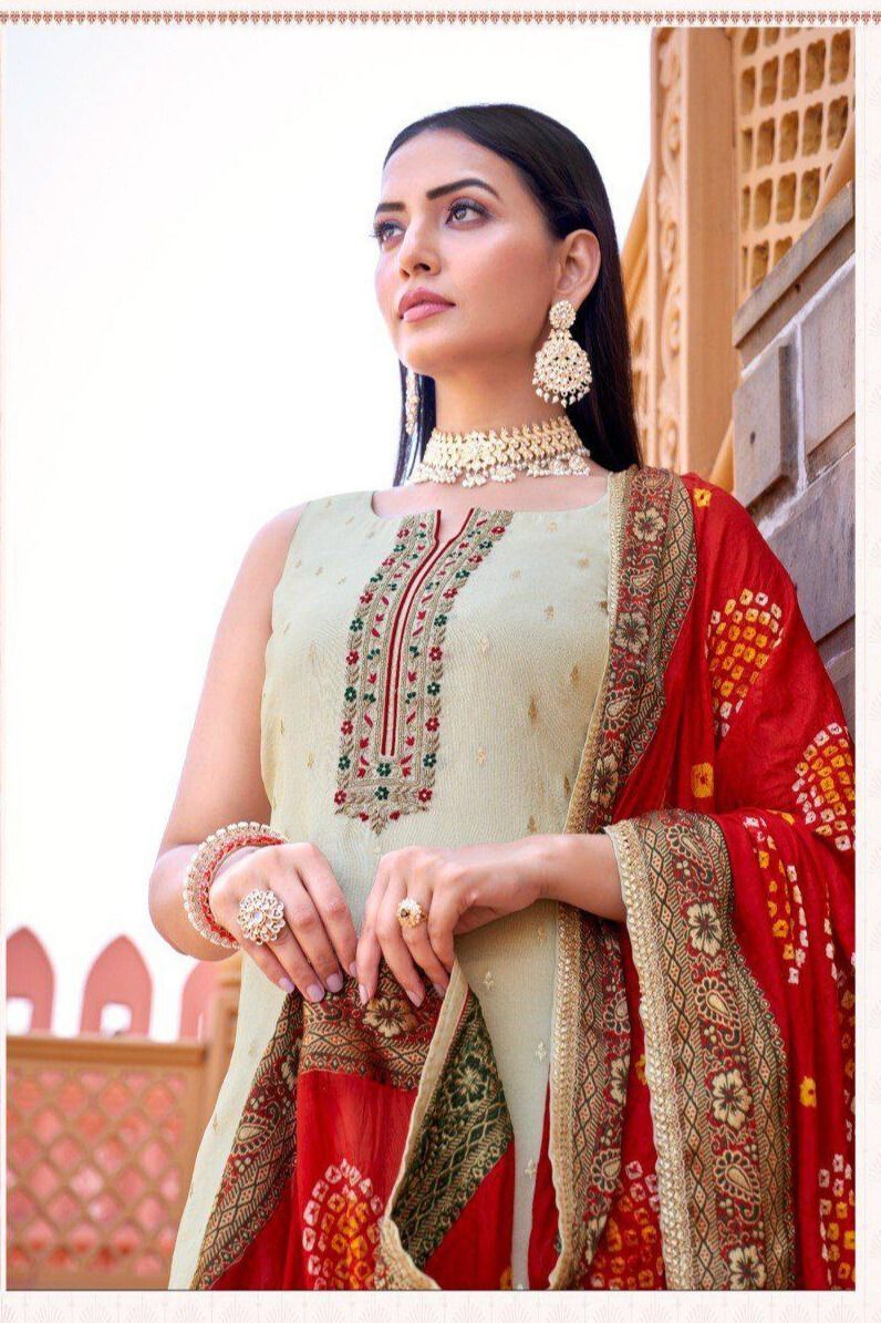 Shree Shanti Selection - Cream Straight Cut Suit with Red Dupatta for Women