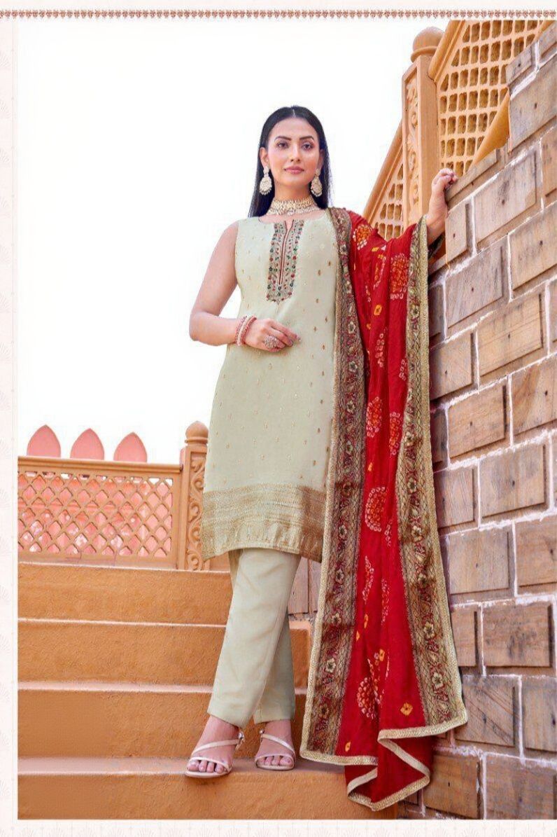 Shree Shanti Selection - Cream Straight Cut Suit with Red Dupatta for Women