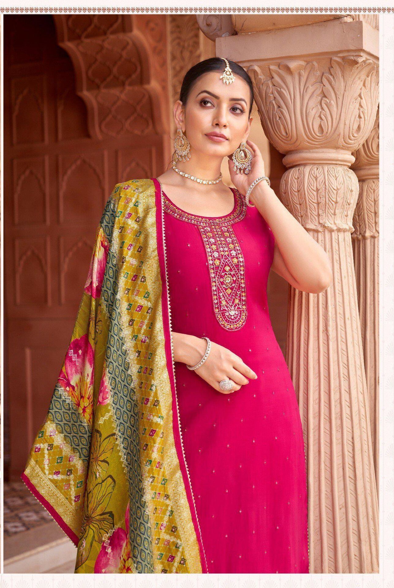 Shree Shanti Selection - Hot Pink Straight Cut Suit with Yellow Dupatta for Women