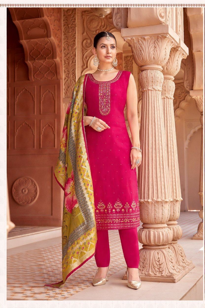 Shree Shanti Selection - Hot Pink Straight Cut Suit with Yellow Dupatta for Women