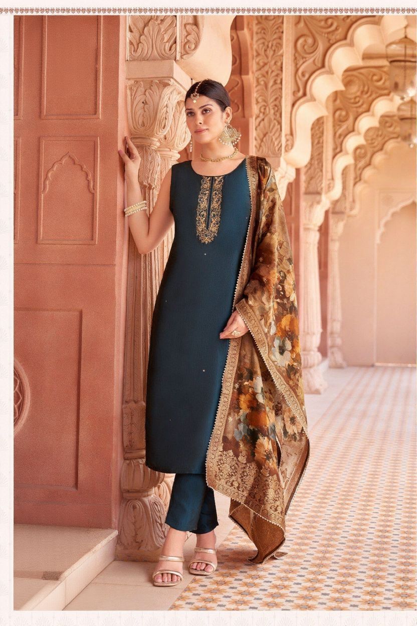 Shree Shanti Selection - Blue Straight Cut Suit with Golden Dupatta for Women