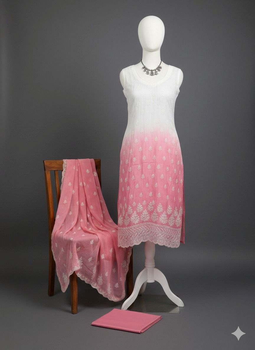 Shree Shanti Selection - Pink & White Gradient Embroidered Dress Material
