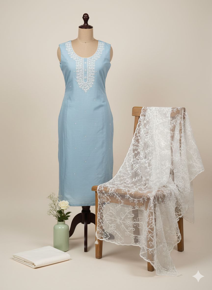 Shree Shanti Selection - Blue Embroidered Cotton Dress Material