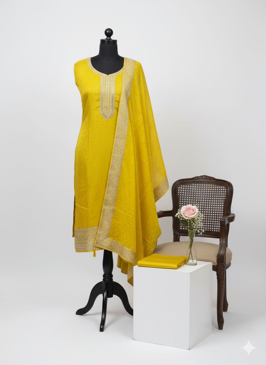 Shree Shanti Selection - Mustard Yellow Embroidered Dress Material