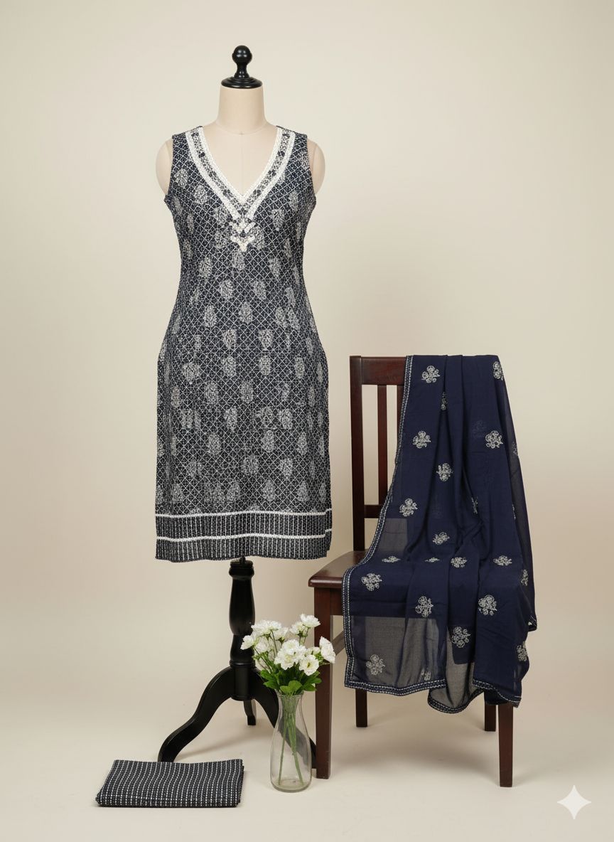 Shree Shanti Selection - Navy Blue Embroidered Dress Material for Women