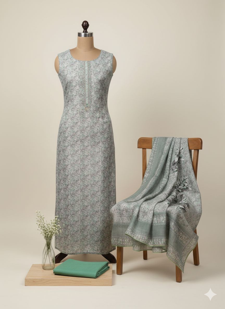 Shree Shanti Selection - Grey Printed Dress Material for Women