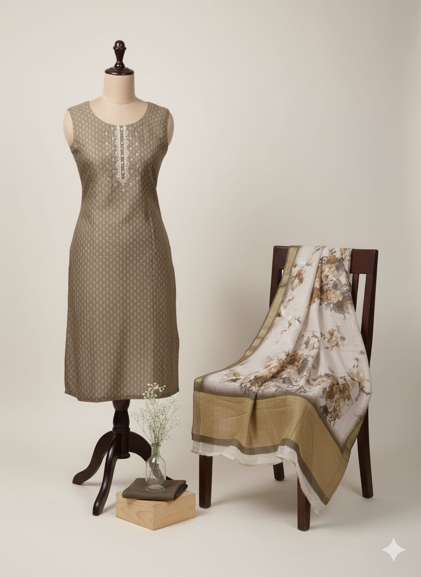 Shree Shanti Selection - Brown Embroidered Dress Material for Women