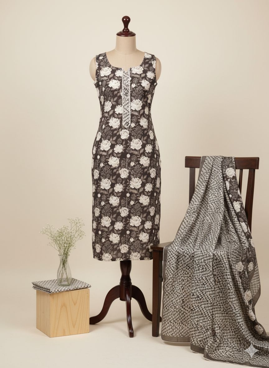 Shree Shanti Selection - Brown Printed Dress Material for Women