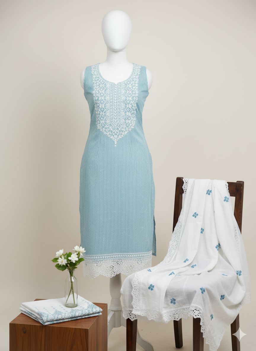 Shree Shanti Selection - Light Blue Embroidered Dress Material for Women
