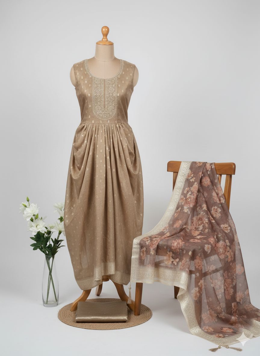 Shree Shanti Selection - Beige Printed Dress Material