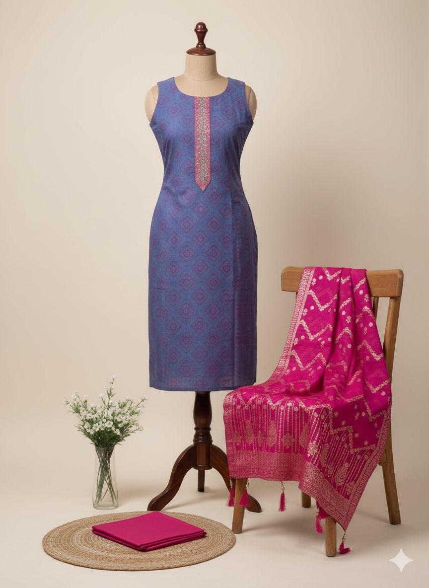 Shree Shanti Selection - Blue Printed Dress Material With Pink Duppatta