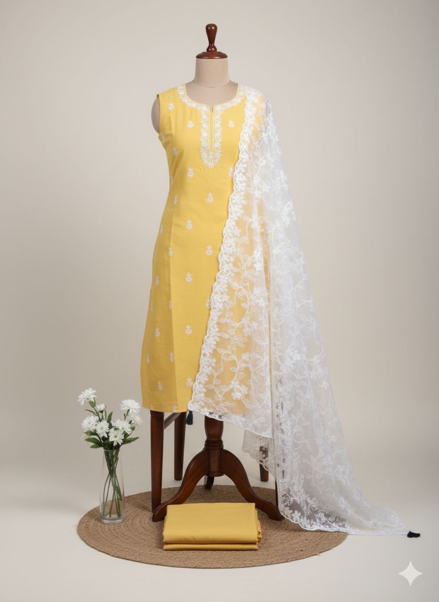 Shree Shanti Selection - Yellow Embroidered Dress Material