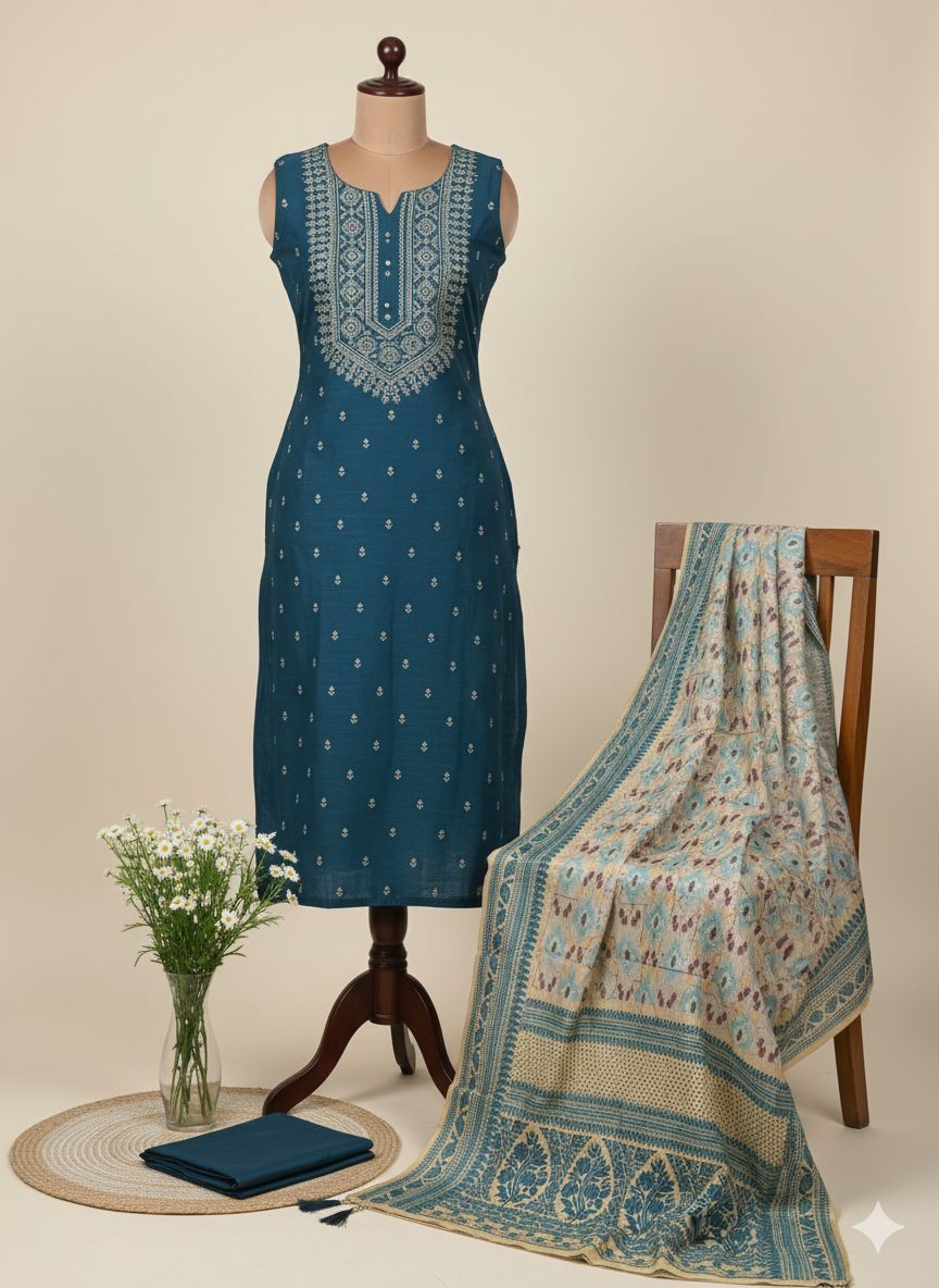 Shree Shanti Selection - Teal Blue Embroidered Dress Material