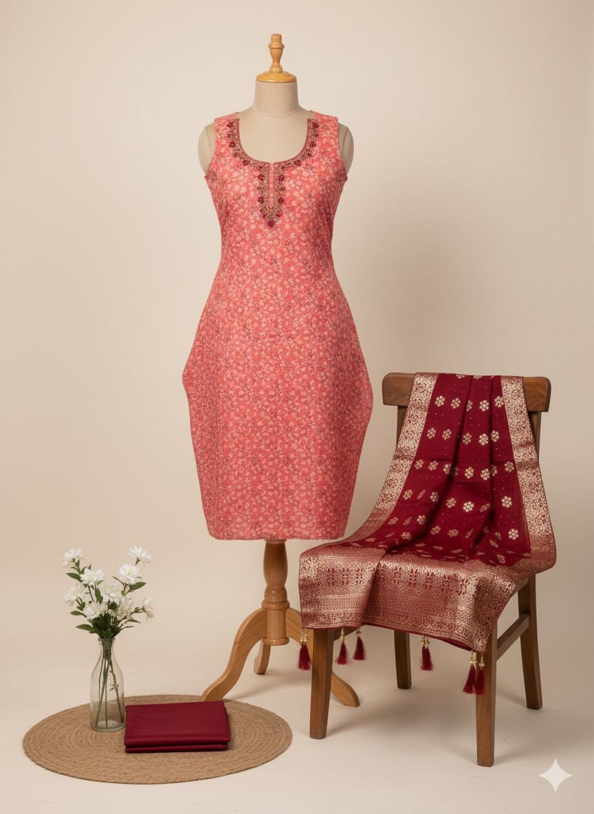 Shree Shanti Selection - Red Printed Dress Material for Women