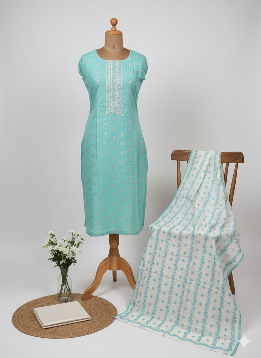 Shree Shanti Selection - Aqua Printed Dress Material