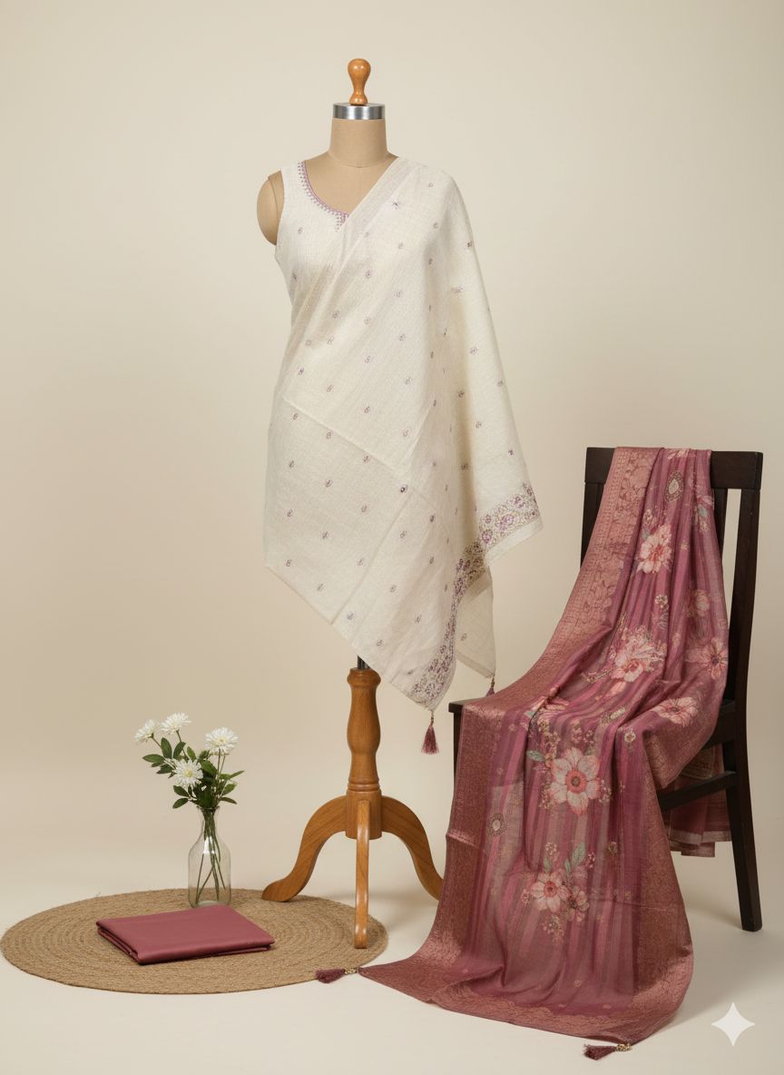 Shree Shanti Selection - White Embroidered Dress Material