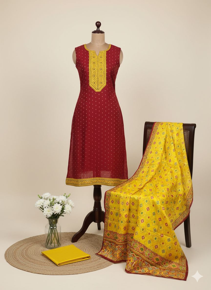 Shree Shanti Selection - Mustard Yellow Printed Dress Material