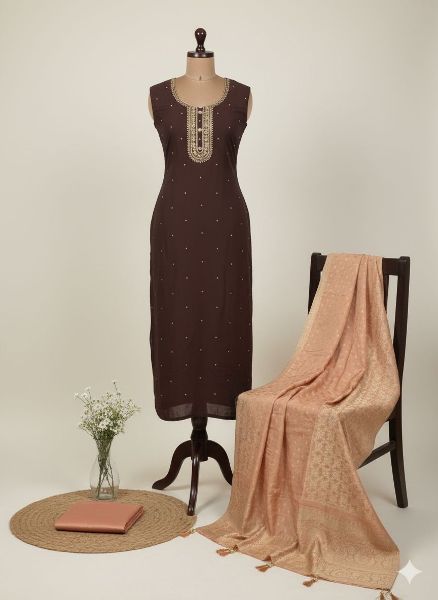 Shree Shanti Selection - Brown Embroidered Dress Material