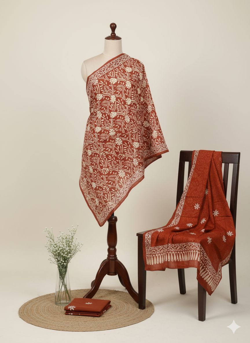 Shree Shanti Selection - Rust Printed Dress Material for Women