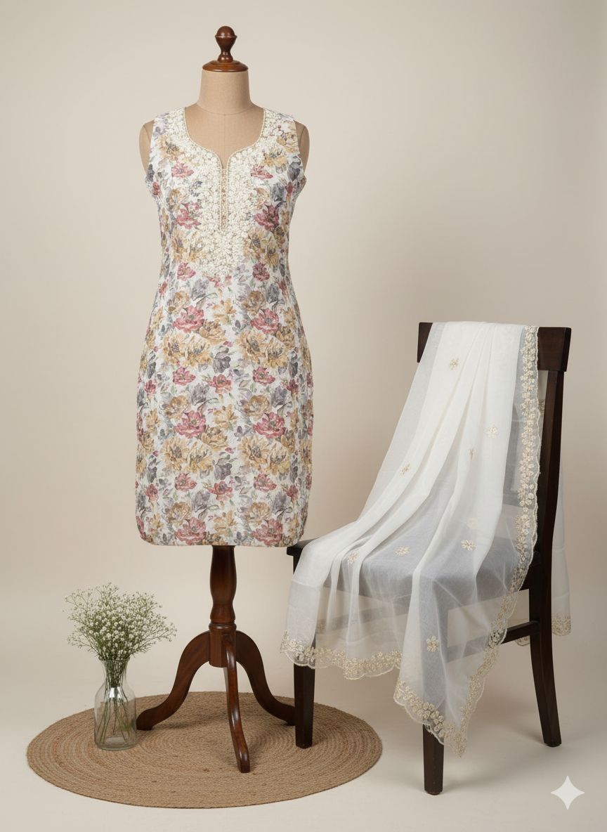 Shree Shanti Selection - Cream Floral Printed Dress Material