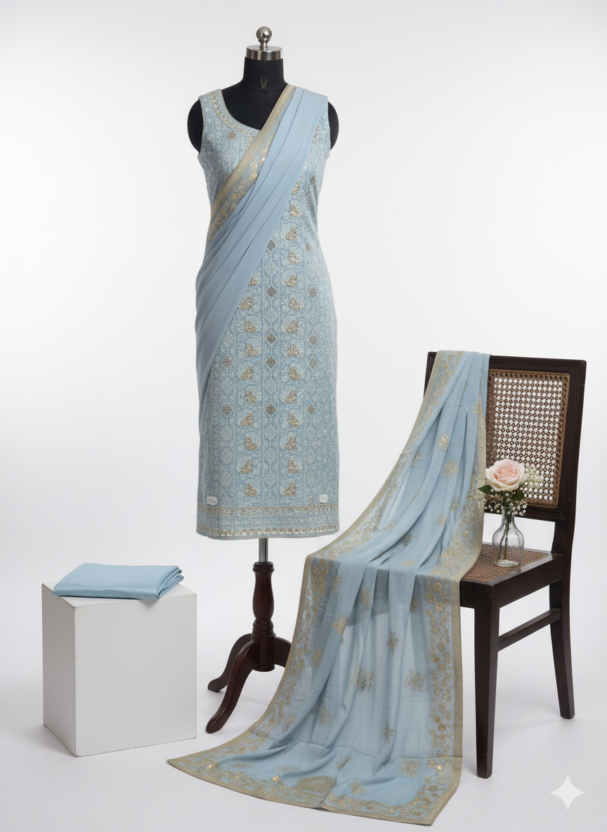 Shree Shanti Selection - Sky Blue Embroidered Dress Material