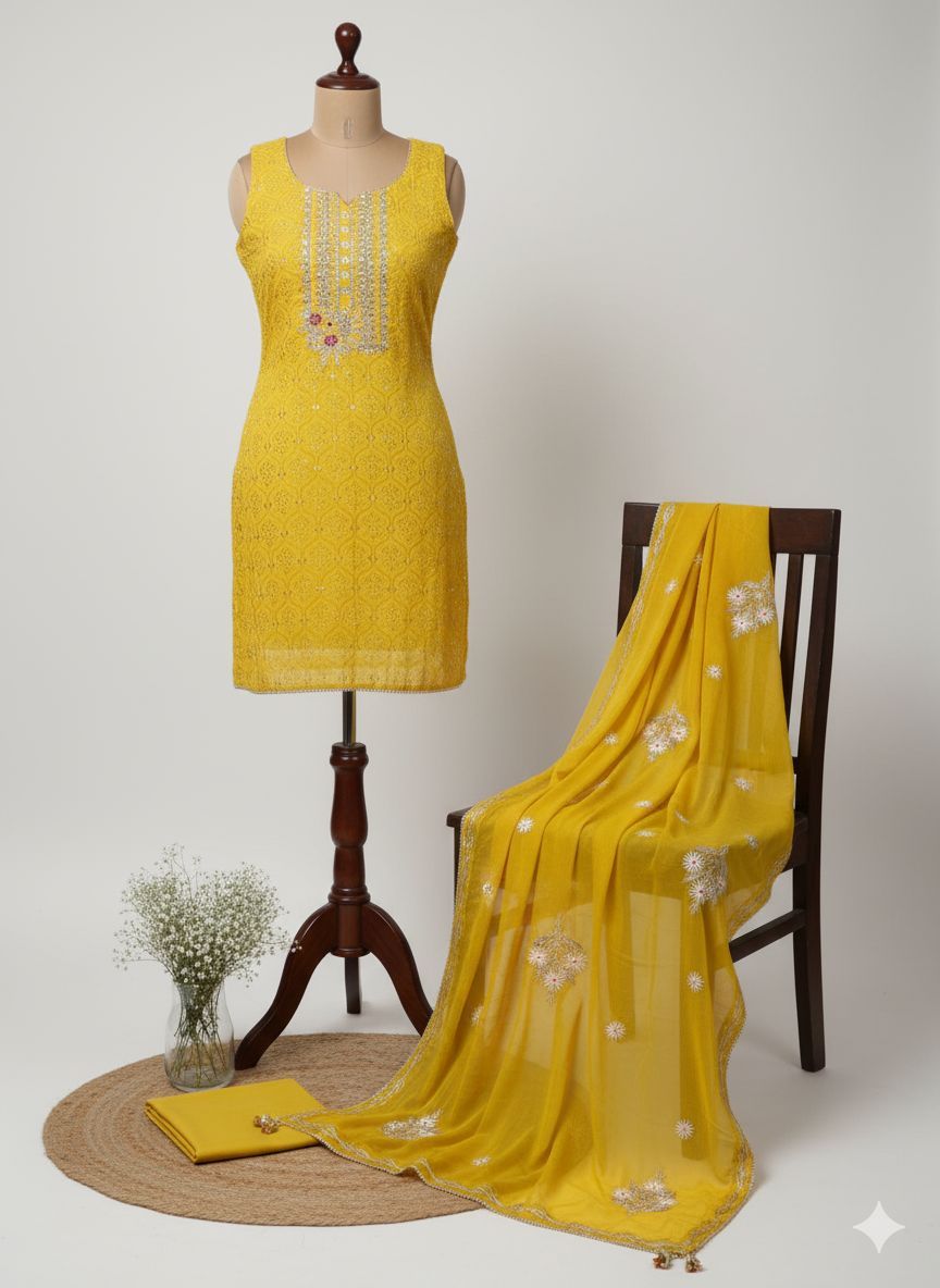 Shree Shanti Selection - Yellow Embroidered Dress Material for Women