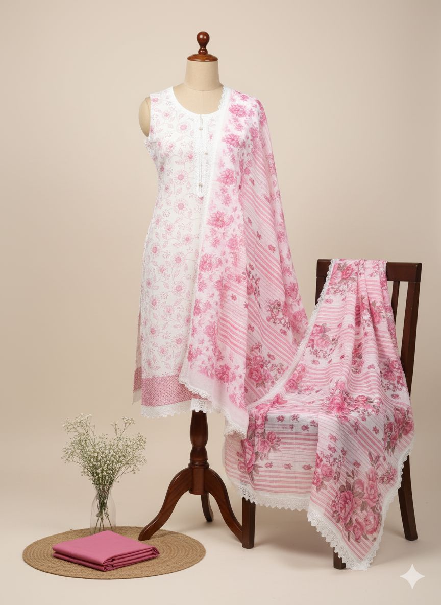 Shree Shanti Selection - White & Pink Floral Printed Dress Material