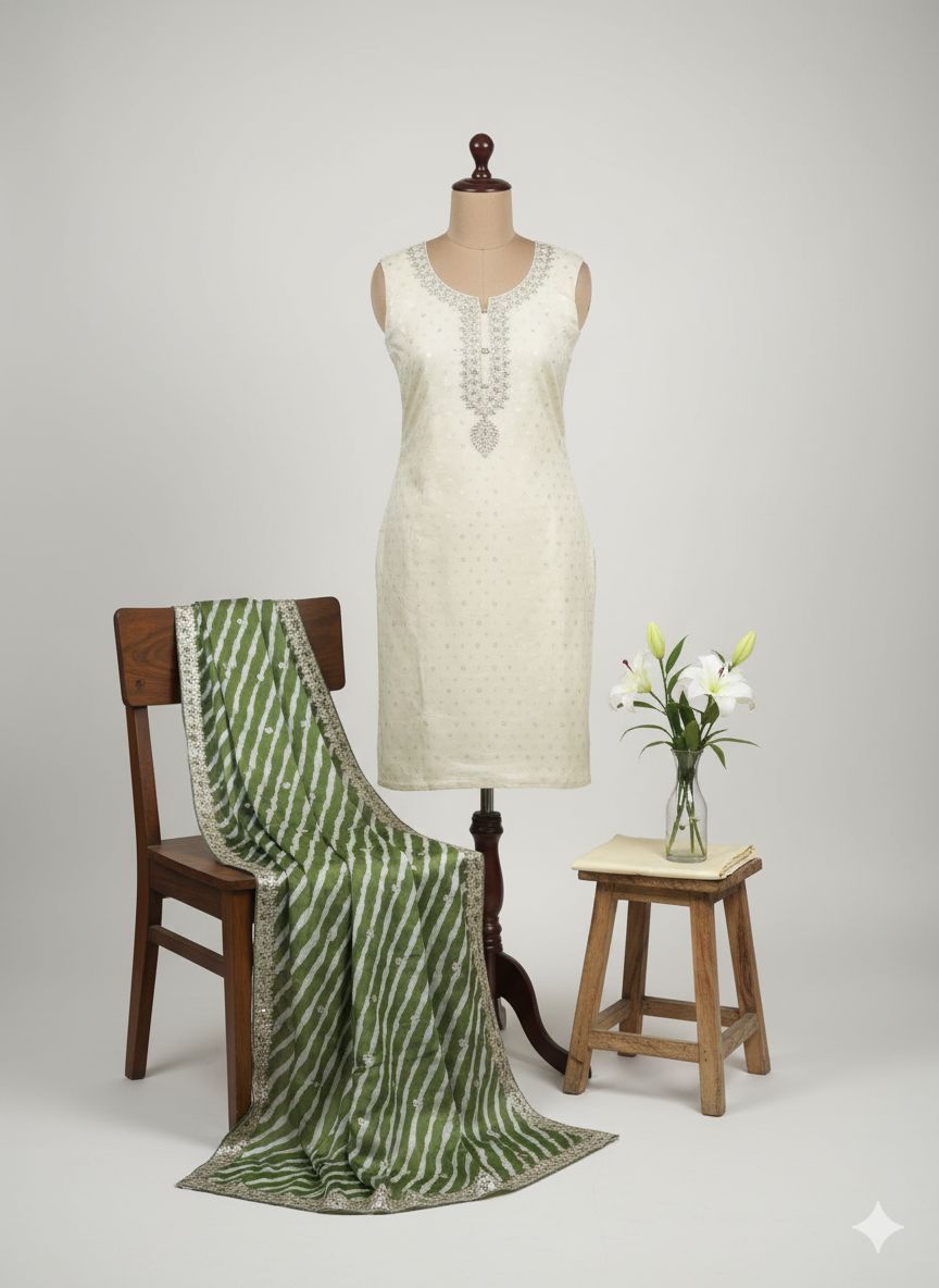 Shree Shanti Selection - Cream & Green Printed Dress Material