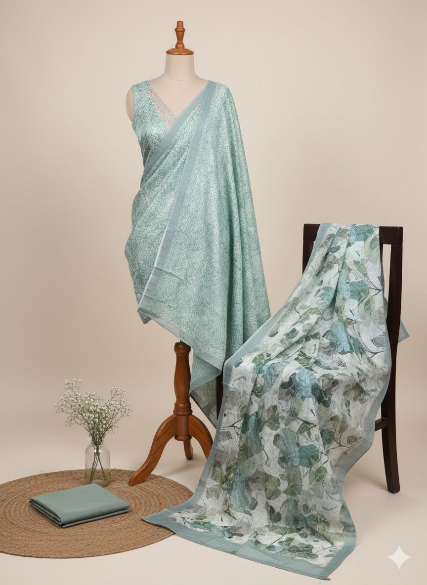 Shree Shanti Selection - Mint Green Floral Printed Dress Material