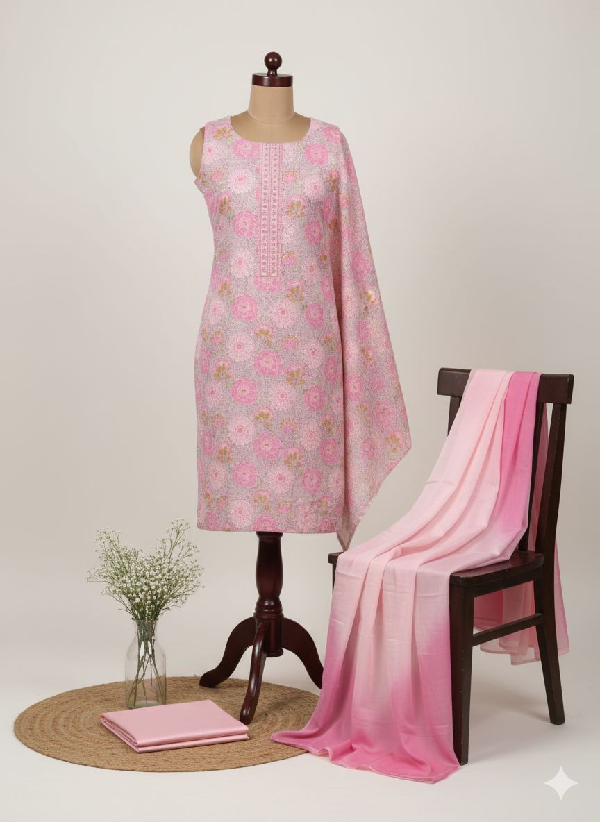 Shree Shanti Selection - Pink Floral Printed Dress Material