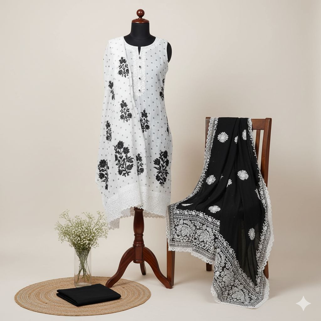 Shree Shanti Selection - White & Black Printed Dress Material