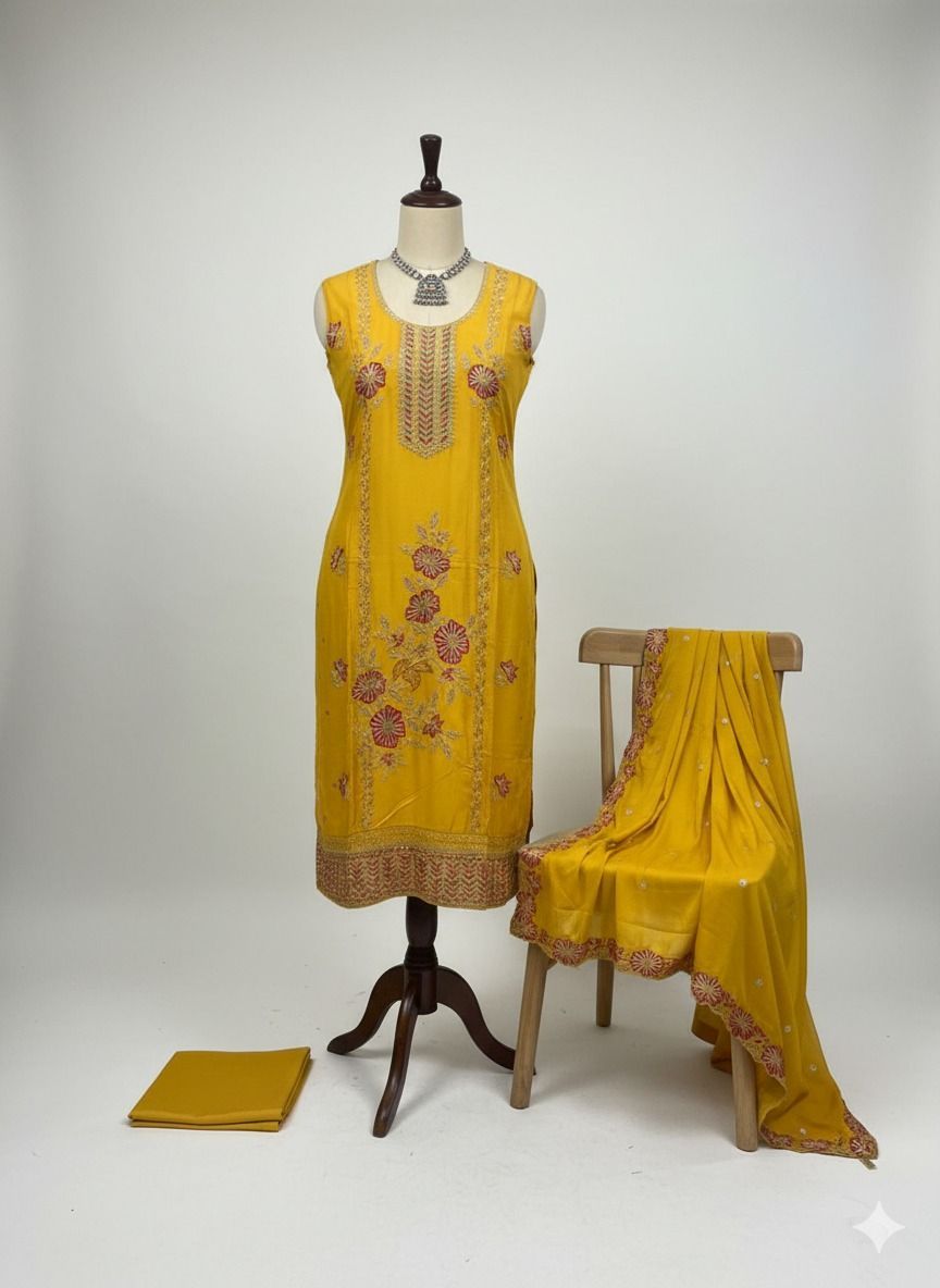 Shree Shanti Selection - Mustard Floral Embroidered Dress Material