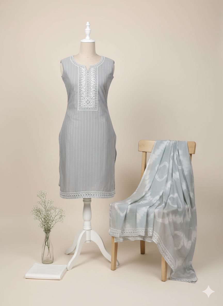 Shree Shanti Selection - Silver Grey Embroidered Dress Material