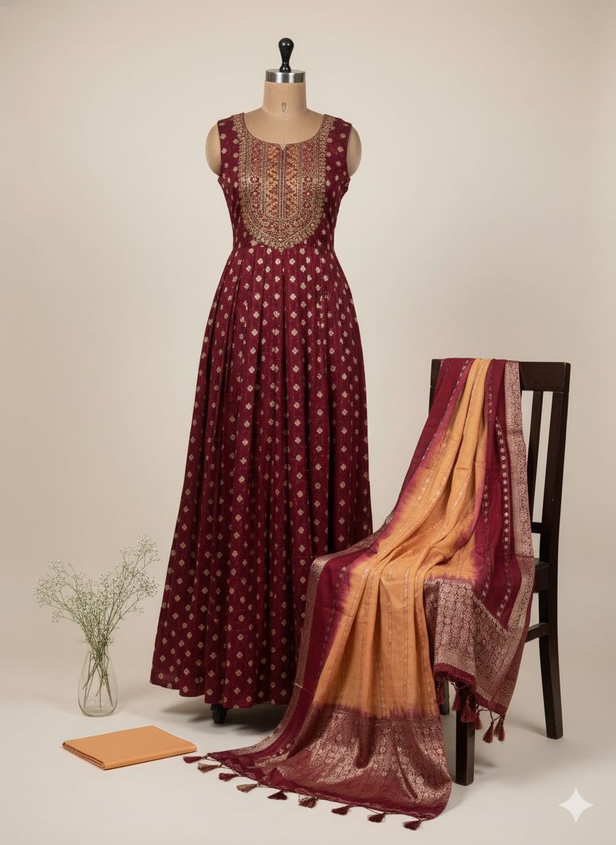 Shree Shanti Selection - Maroon Embroidered Anarkali Dress Material