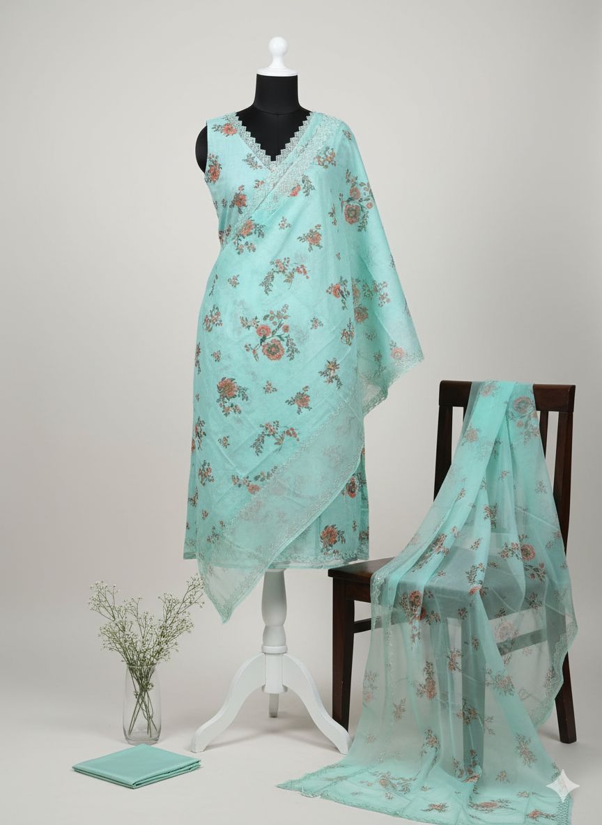 Shree Shanti Selection - Sea Green Floral Printed Dress Material