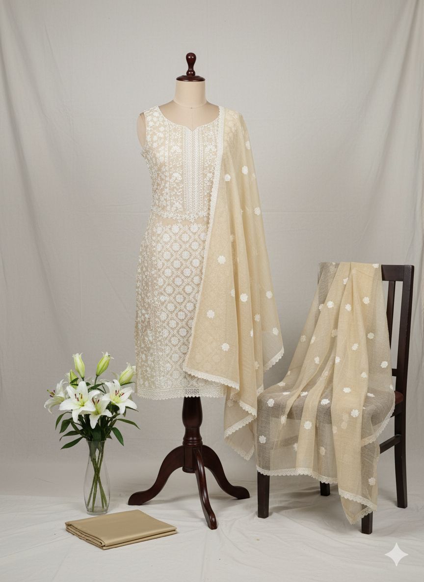Shree Shanti Selection - Cream Embroidered Dress Material