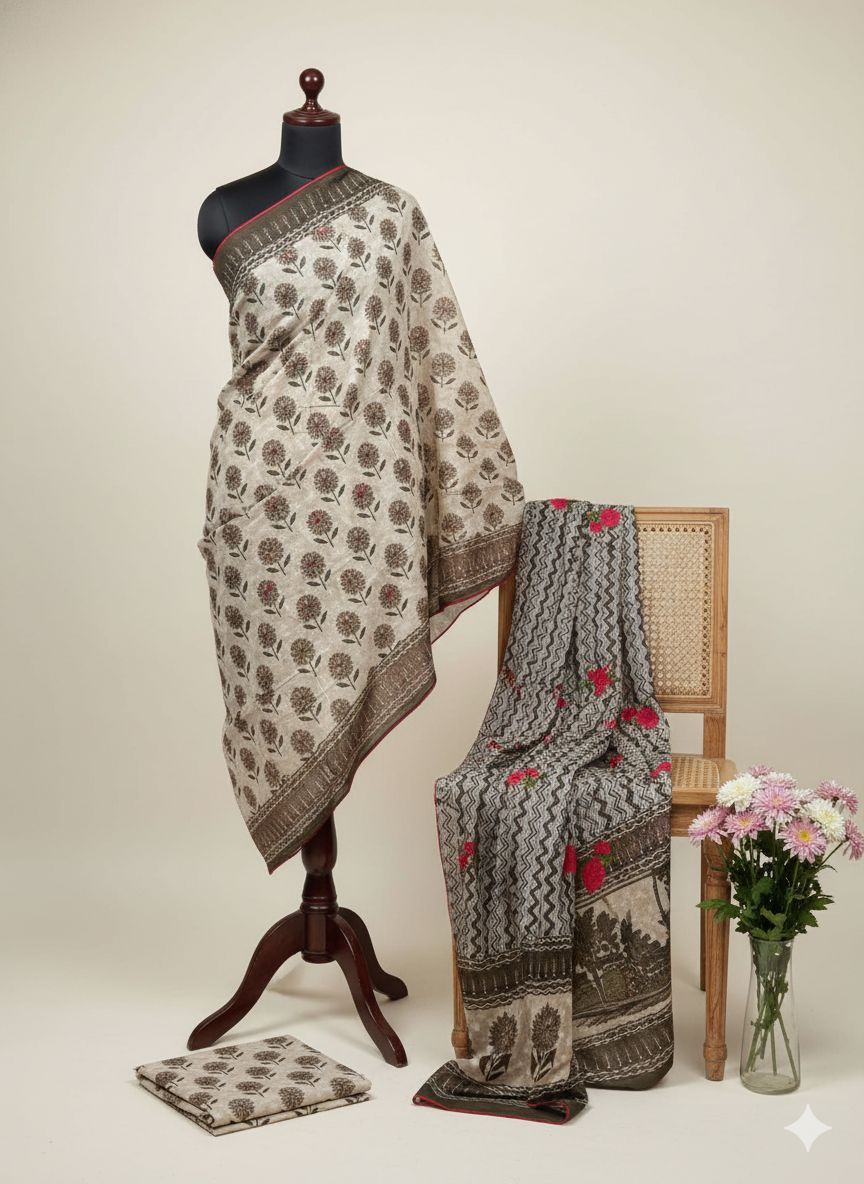 Shree Shanti Selection - Brown Printed Dress Material