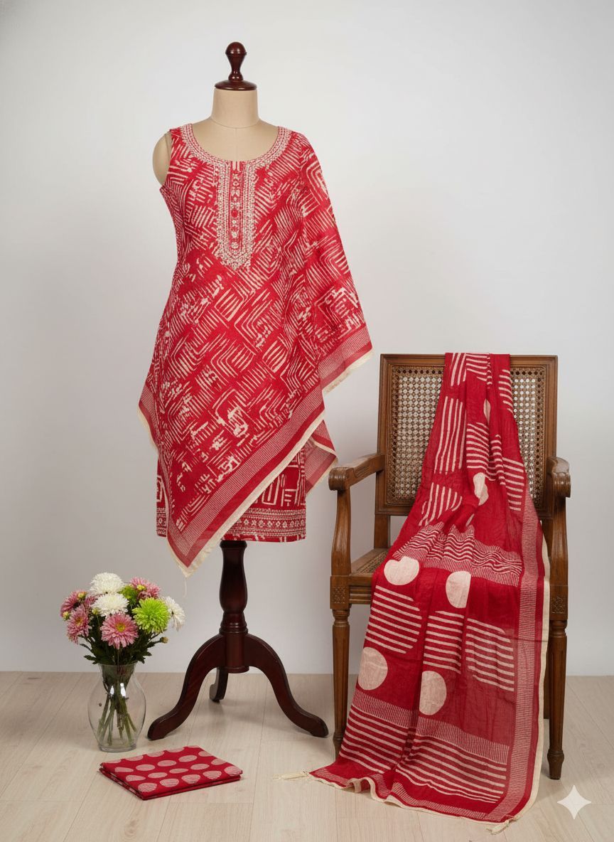 Shree Shanti Selection - Red Printed Dress Material