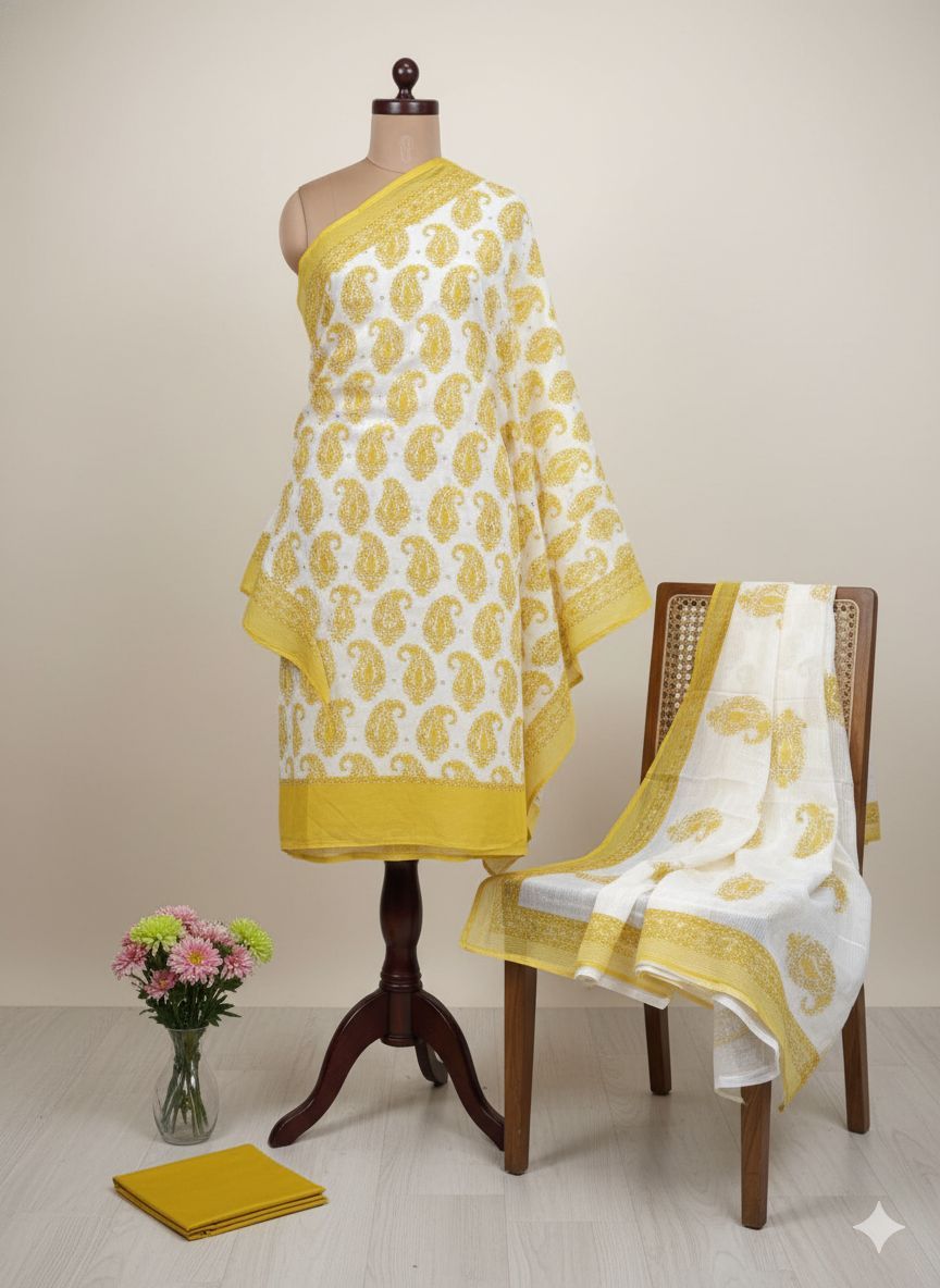 Shree Shanti Selection - Yellow Printed Dress Material