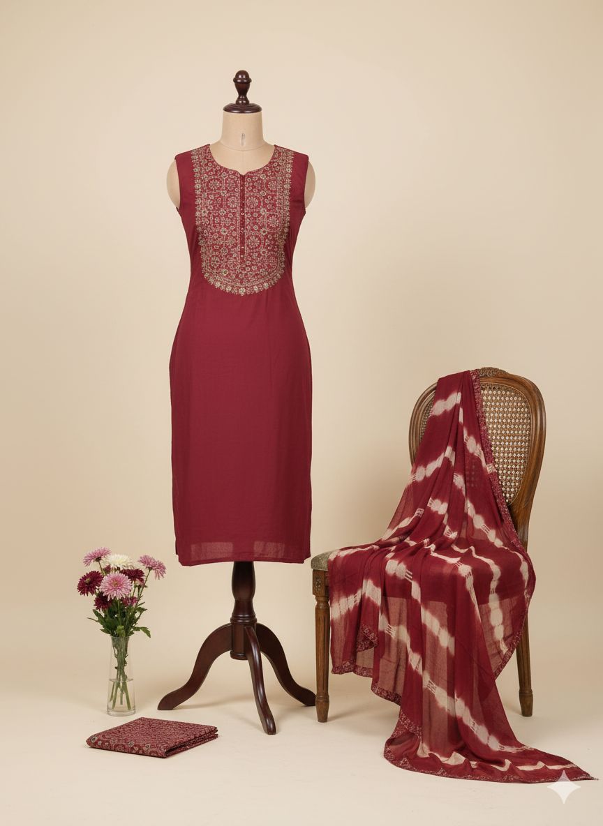 Shree Shanti Selection - Maroon Embroidered Dress Material