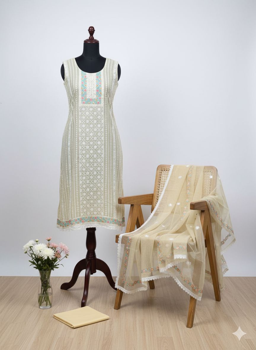 Shree Shanti Selection - Cream Printed Dress Material