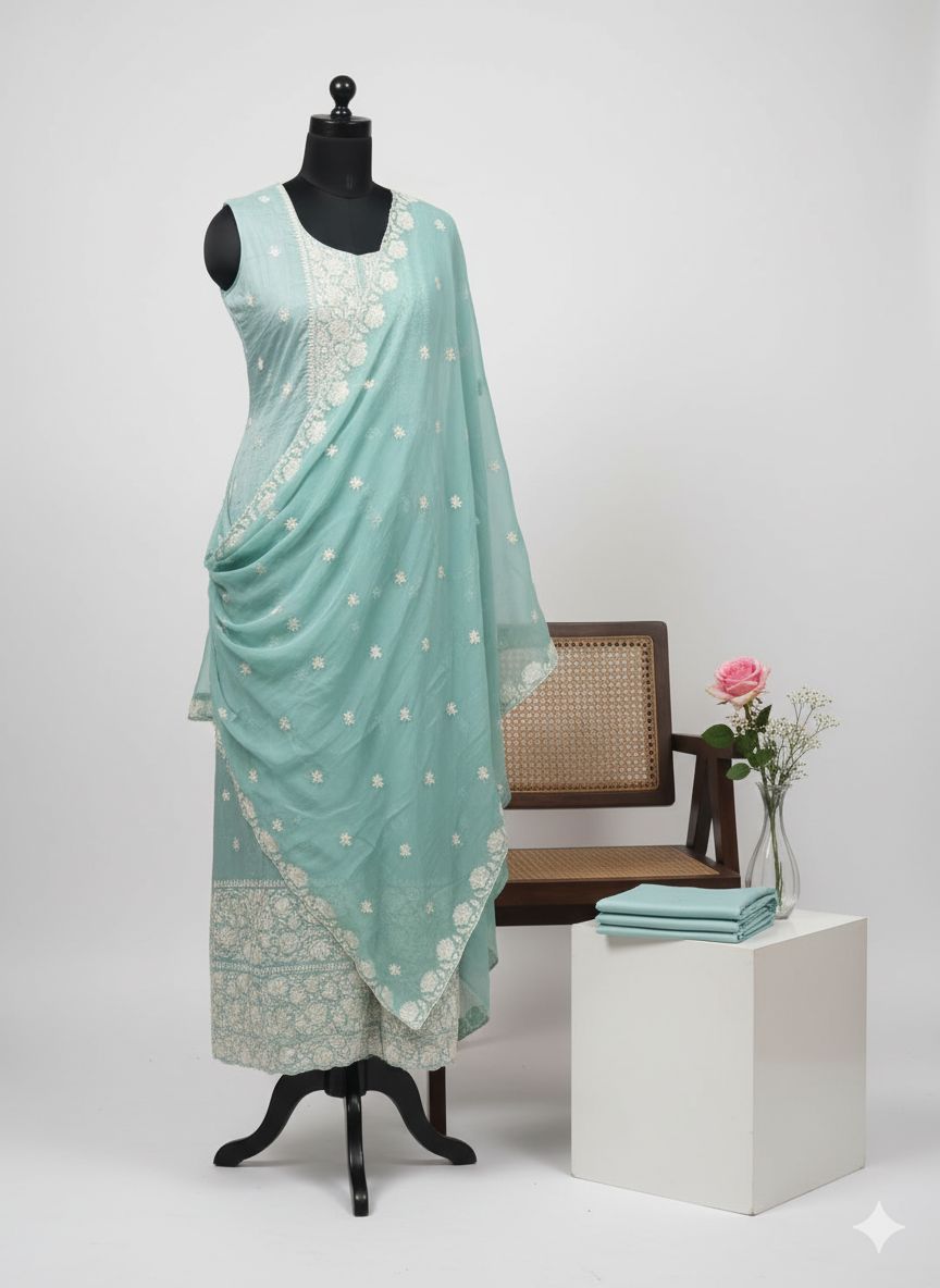 Shree Shanti Selection - Sea Green Embroidered Dress Material