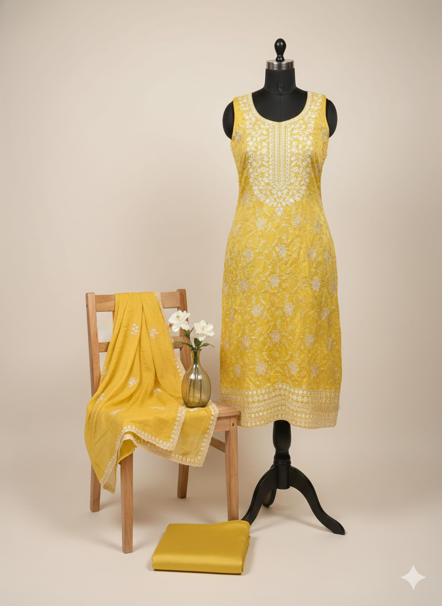 Shree Shanti Selection - Yellow Printed Dress Material