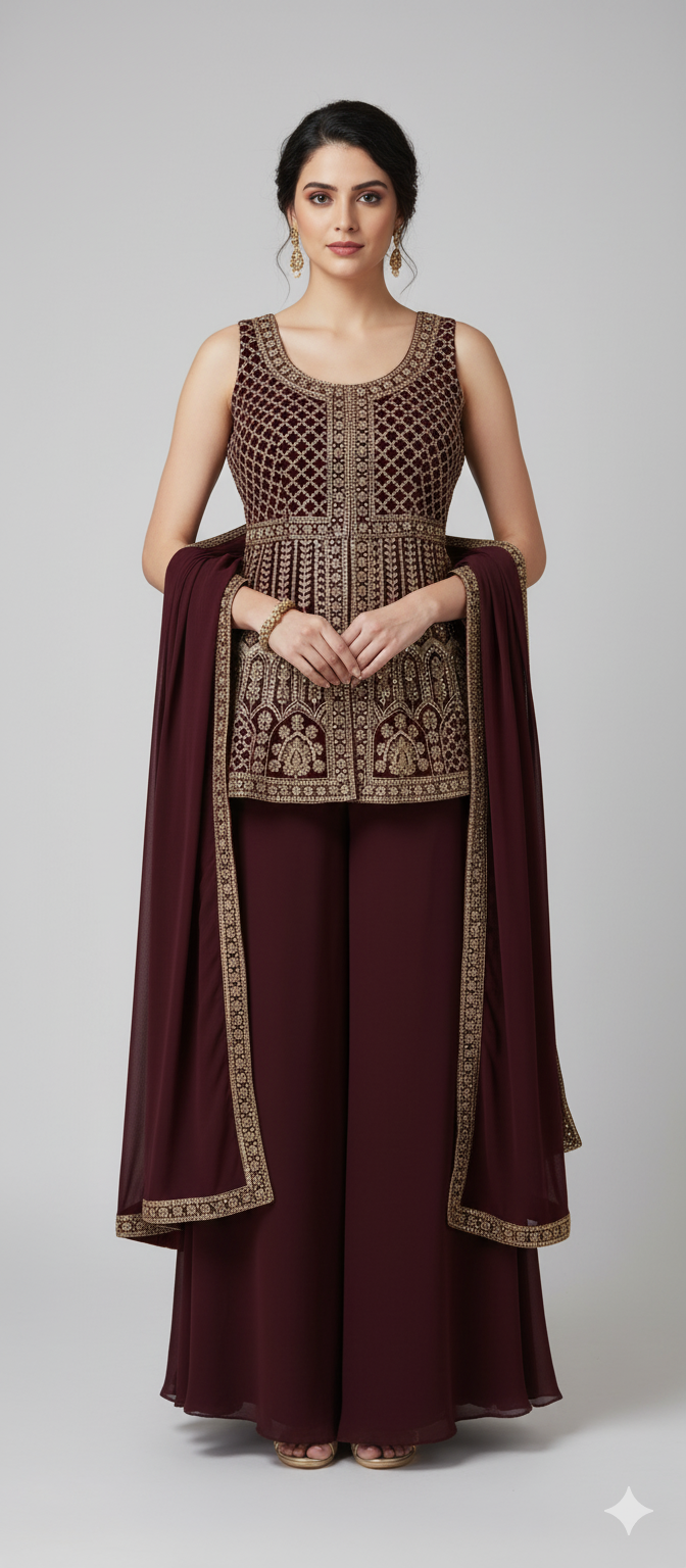 Shree Shanti Selection - Maroon Sharara Suit with Dupatta for Women