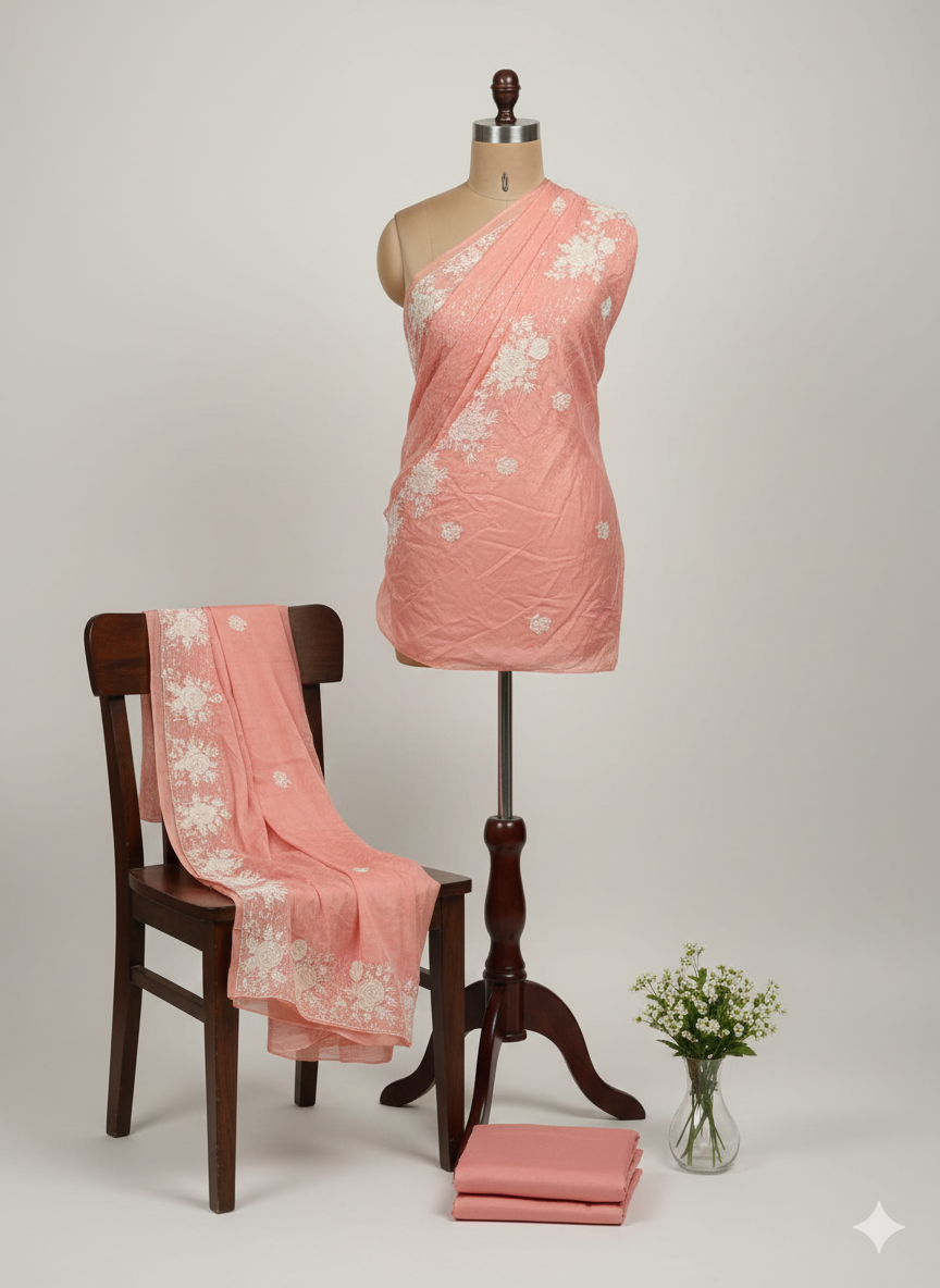 Shree Shanti Selection - Peach Embroidered Dress Material