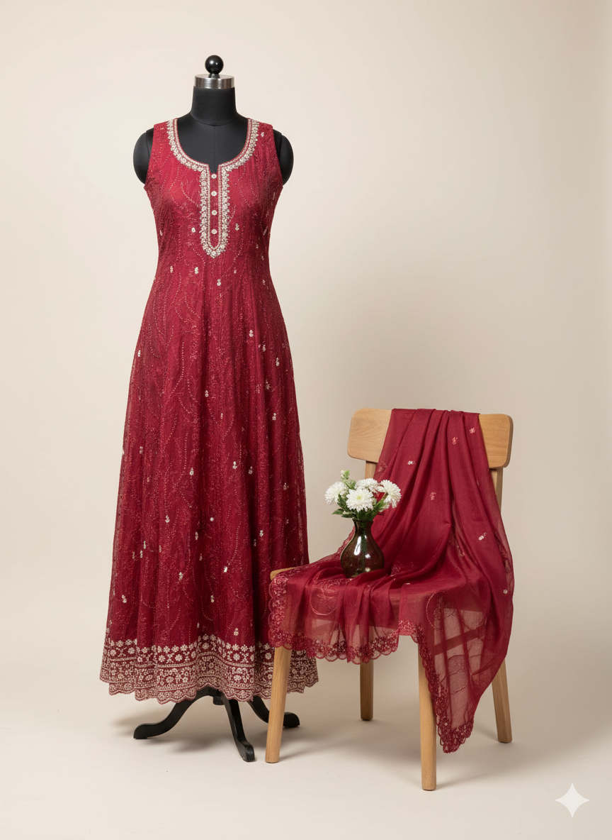 Shree Shanti Selection - Maroon Embroidered Dress Material