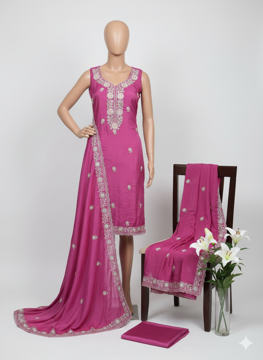 Shree Shanti Selection - Magenta Embroidered Dress Material