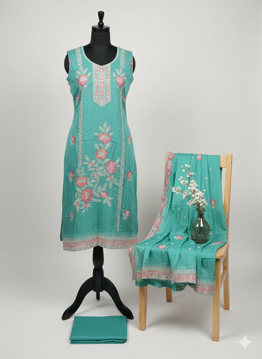 Shree Shanti Selection - Sea Green Embroidered Dress Material