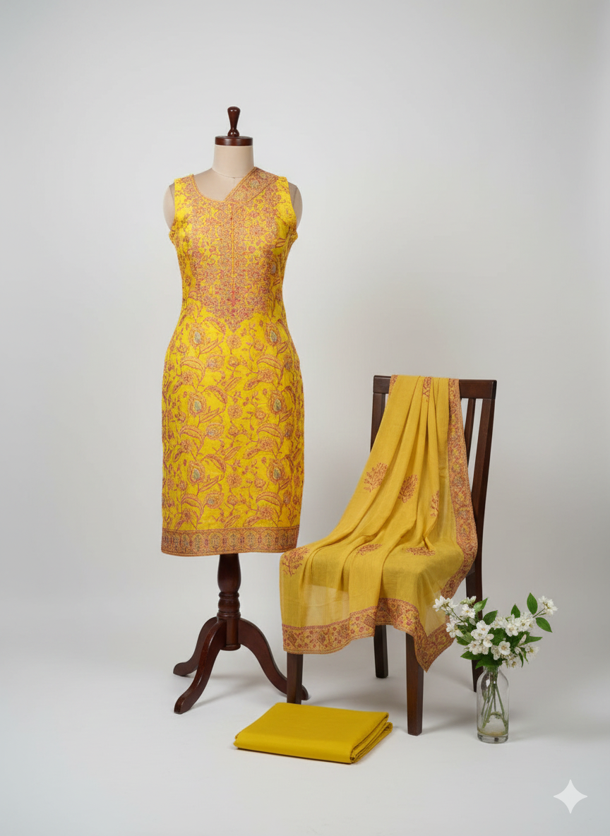 Shree Shanti Selection - Mustard Yellow Embroidered Dress Material